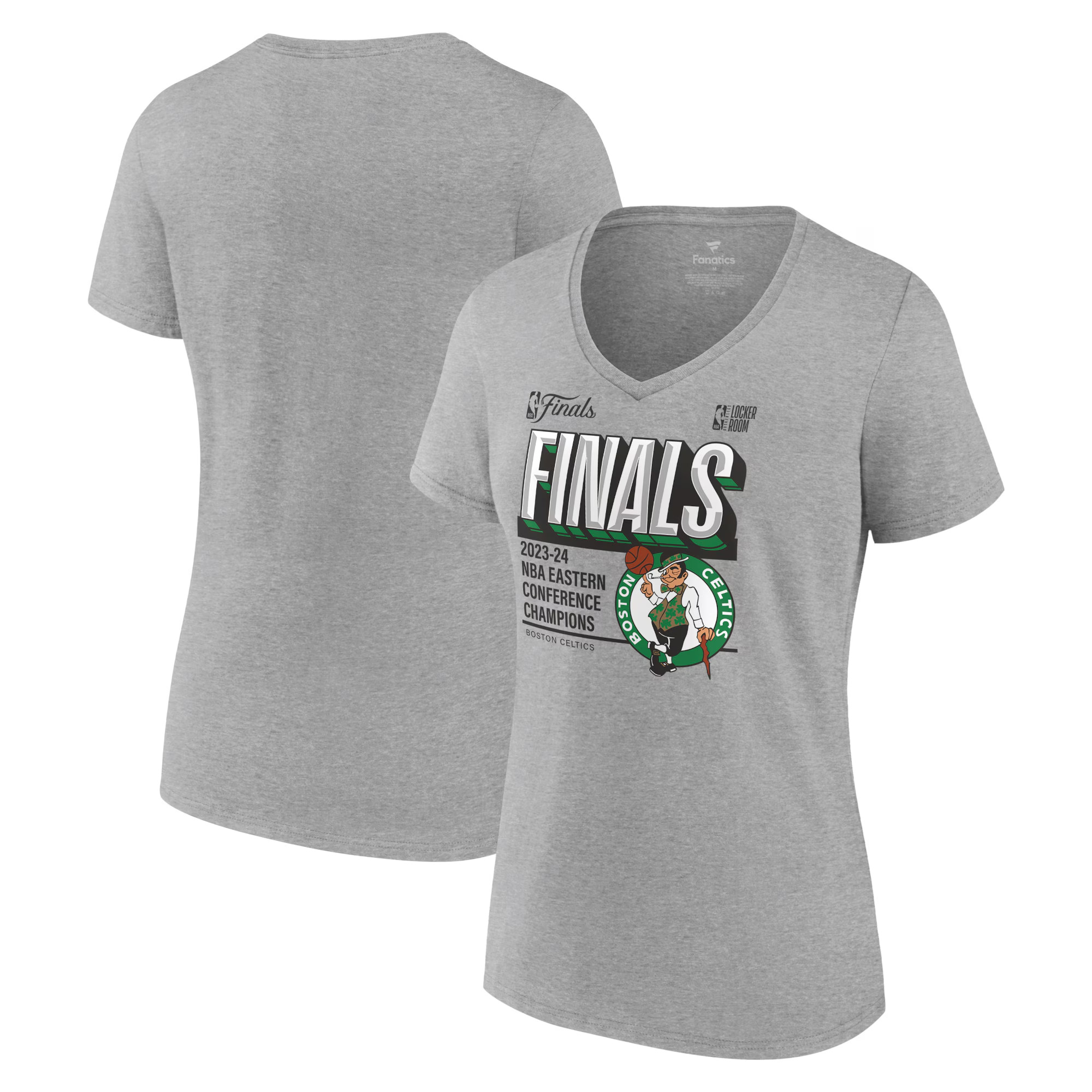 Women's Fanatics Heather Gray Boston Celtics 2024 Eastern Conference Champions Locker Room Plus Size V-Neck T-Shirt